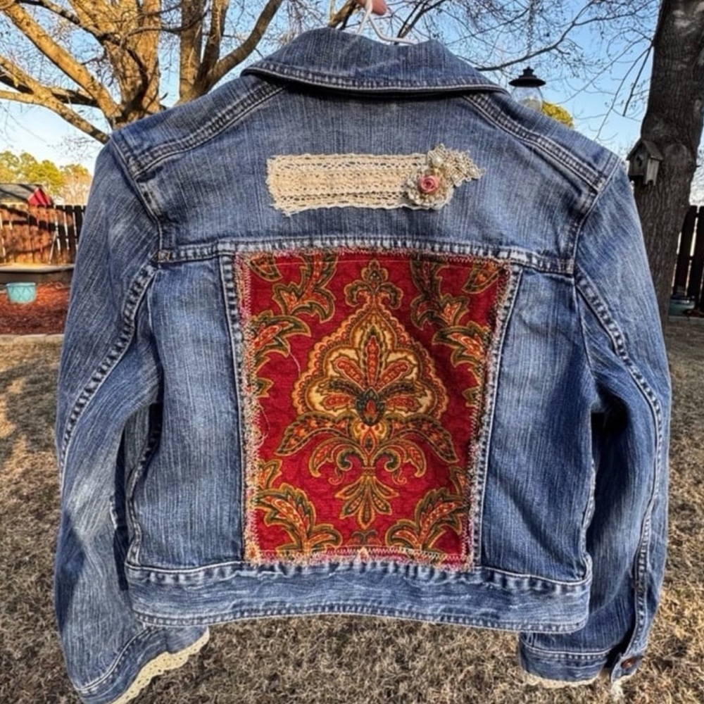 Handcrafted EXPRESS Denim Jacket “Romantic Broach Lace Desert Rose”